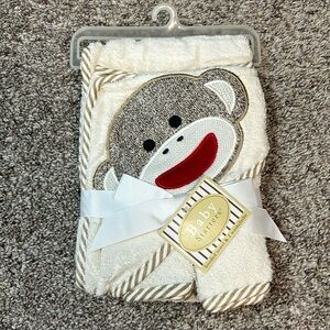 Baby Sock Monkey Appliqued Hooded Terrycloth Towel & Washcloth Set